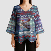 Tonga Christmas Kimono Sleeve Blouse with Singing Whale Ocean Scene National Coat of Arms - Polynesian Pride
