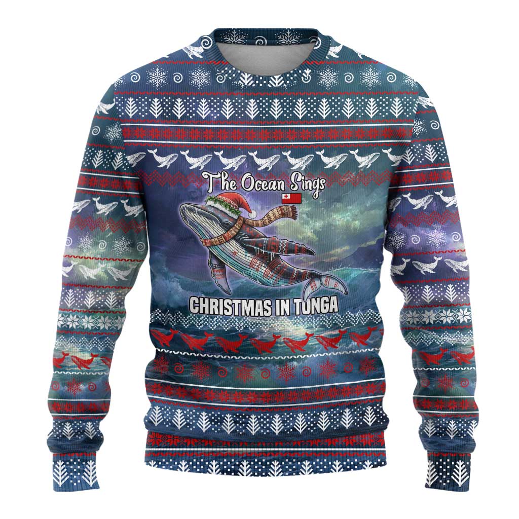 Tonga Christmas Ugly Christmas Sweater with Singing Whale Ocean Scene National Coat of Arms - Polynesian Pride