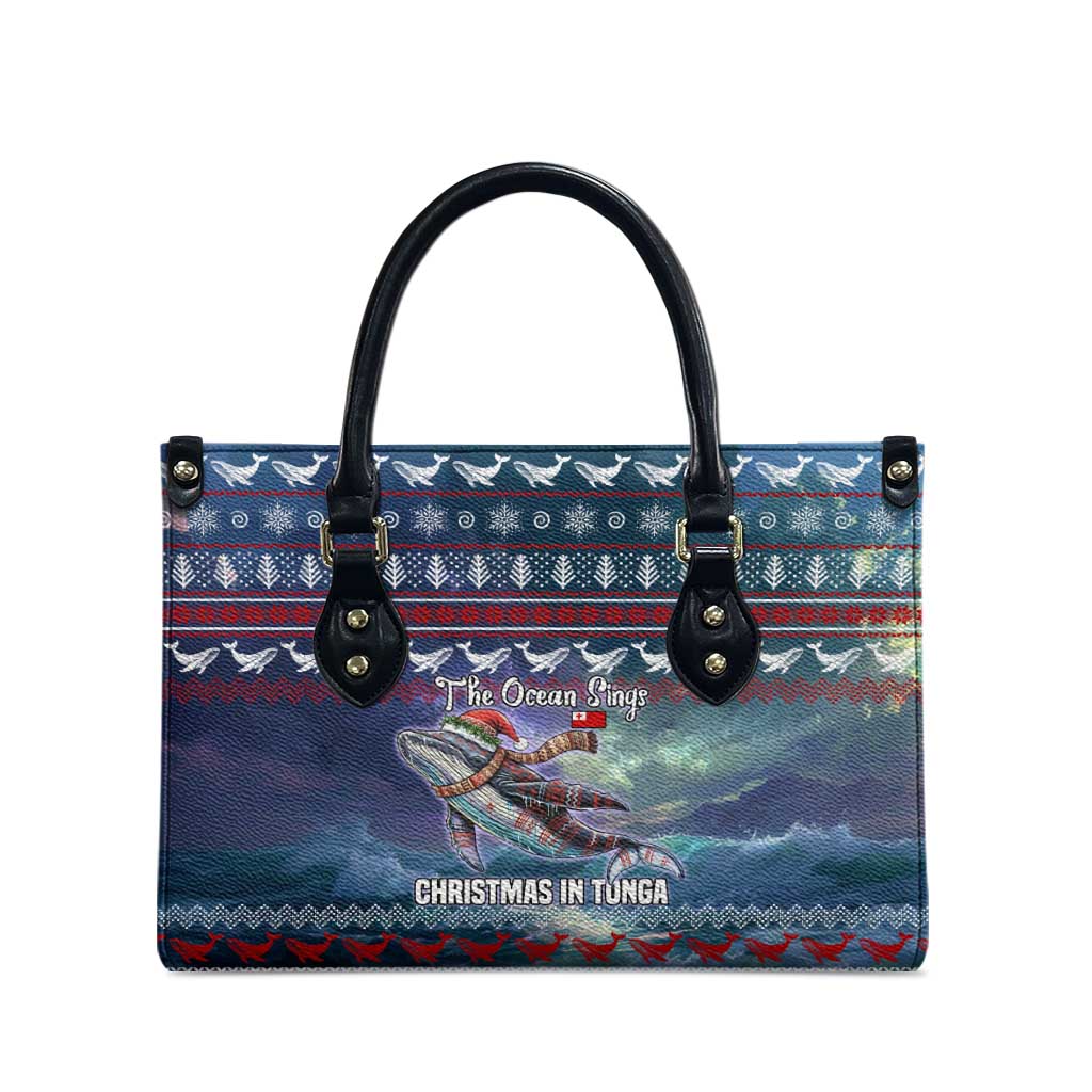 Tonga Christmas Leather Bag with Singing Whale Ocean Scene National Coat of Arms - Polynesian Pride