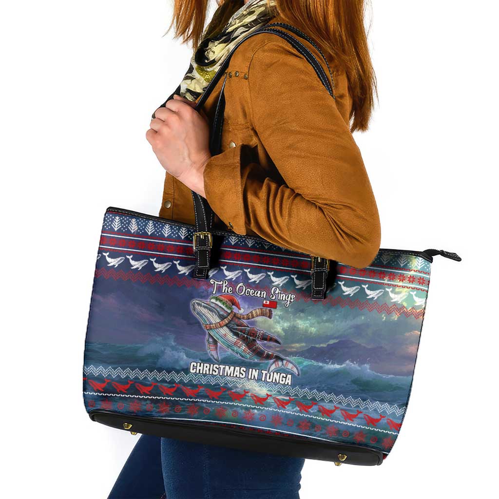 Tonga Christmas Leather Tote Bag with Singing Whale Ocean Scene National Coat of Arms - Polynesian Pride