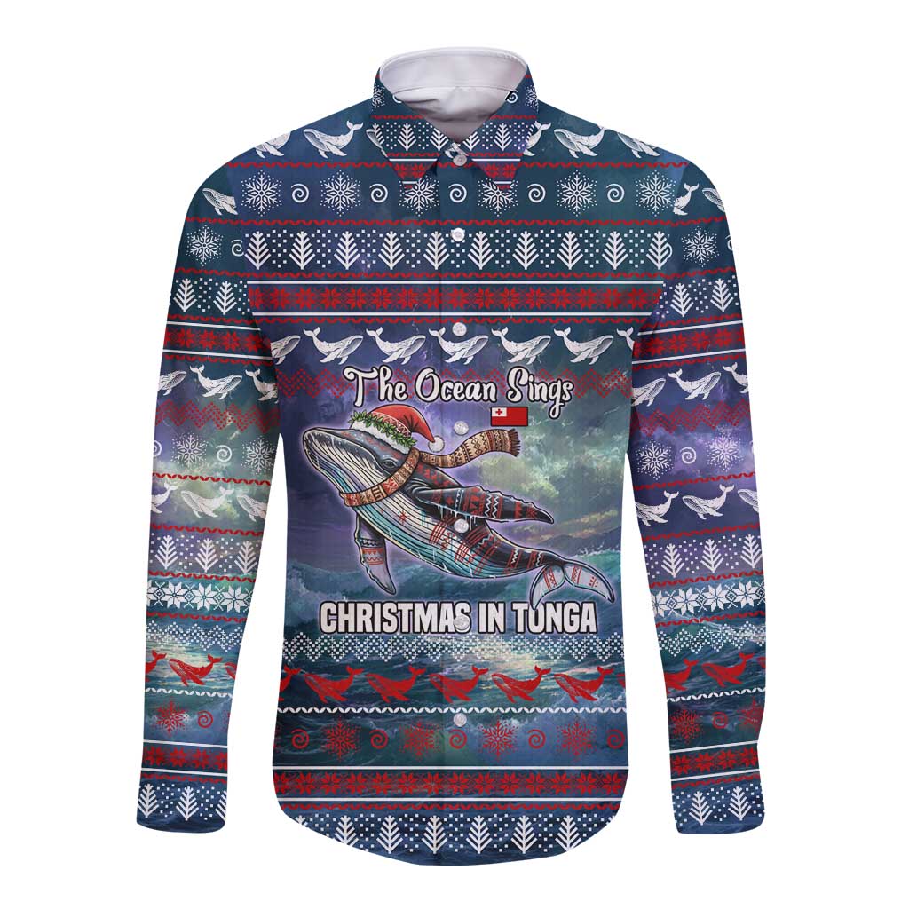 Tonga Christmas Long Sleeve Button Shirt with Singing Whale Ocean Scene National Coat of Arms - Polynesian Pride