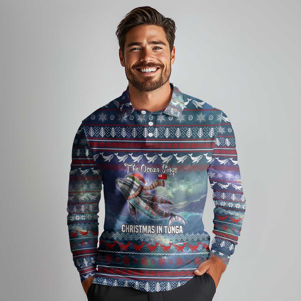 Tonga Christmas Long Sleeve Polo Shirt with Singing Whale Ocean Scene National Coat of Arms - Polynesian Pride