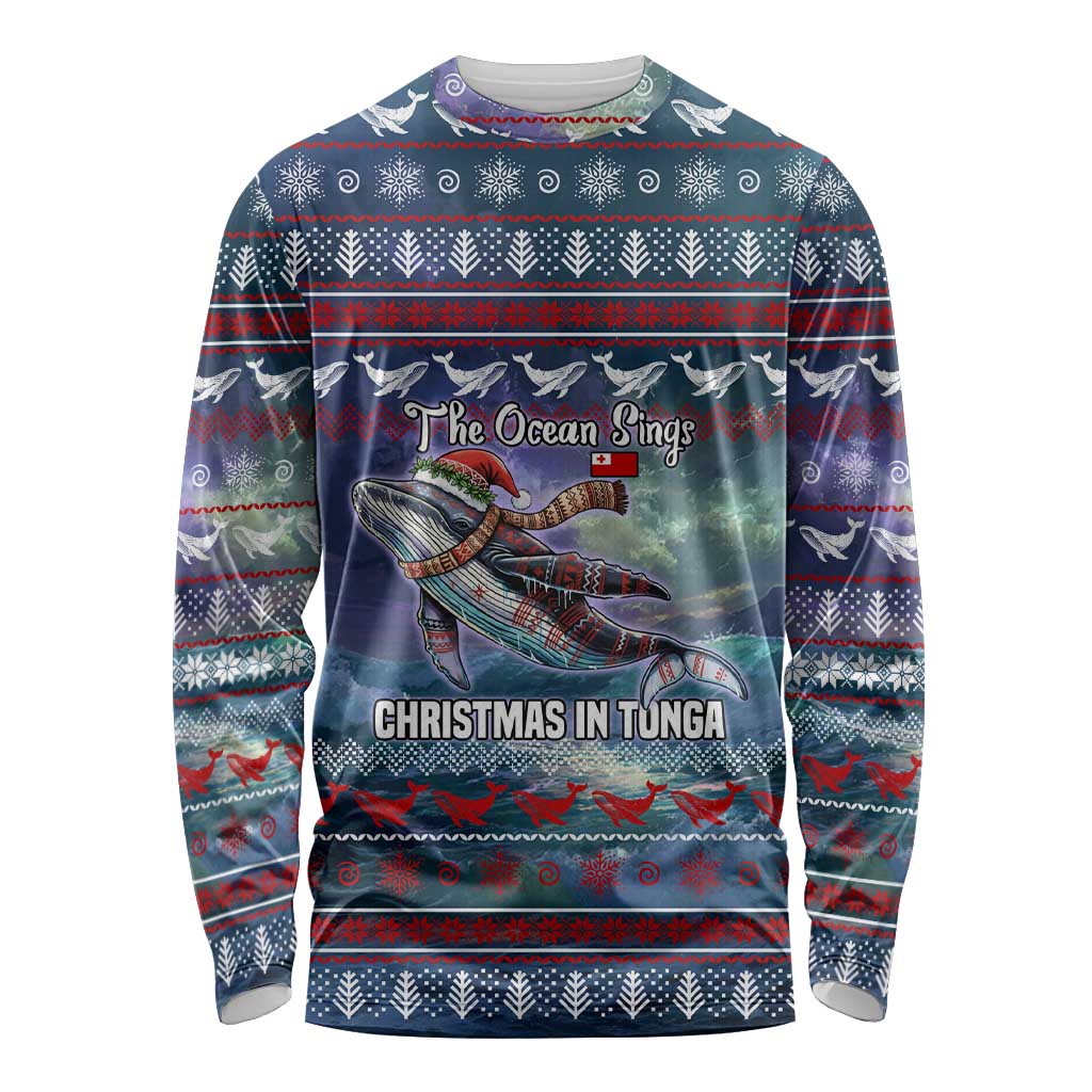 Tonga Christmas Long Sleeve Shirt with Singing Whale Ocean Scene National Coat of Arms - Polynesian Pride