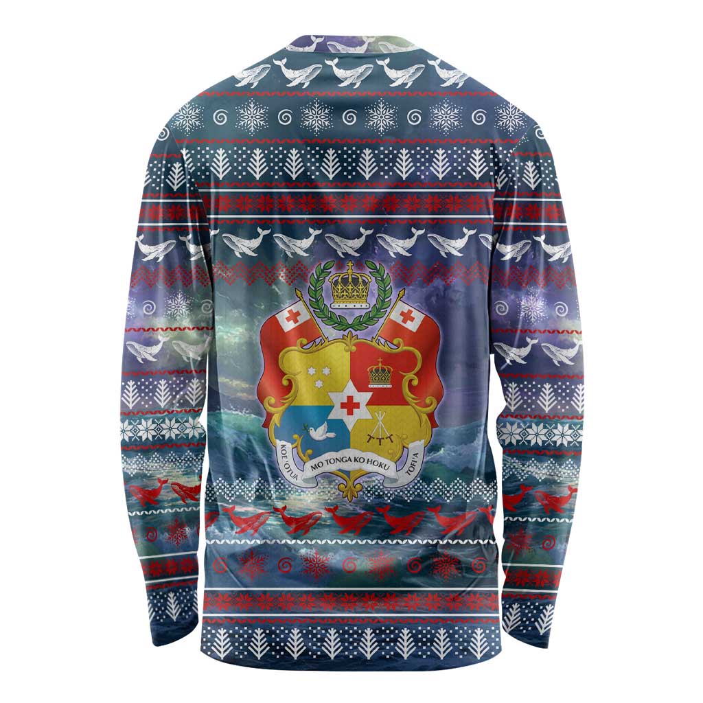 Tonga Christmas Long Sleeve Shirt with Singing Whale Ocean Scene National Coat of Arms - Polynesian Pride