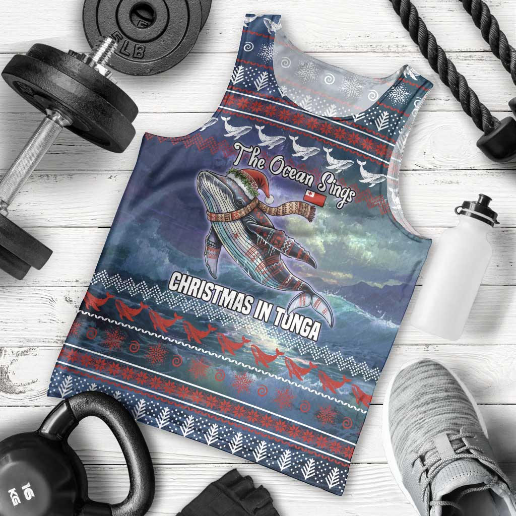 Tonga Christmas Men Tank Top with Singing Whale Ocean Scene National Coat of Arms - Polynesian Pride