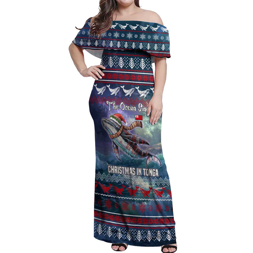 Tonga Christmas Off Shoulder Maxi Dress with Singing Whale Ocean Scene National Coat of Arms - Polynesian Pride