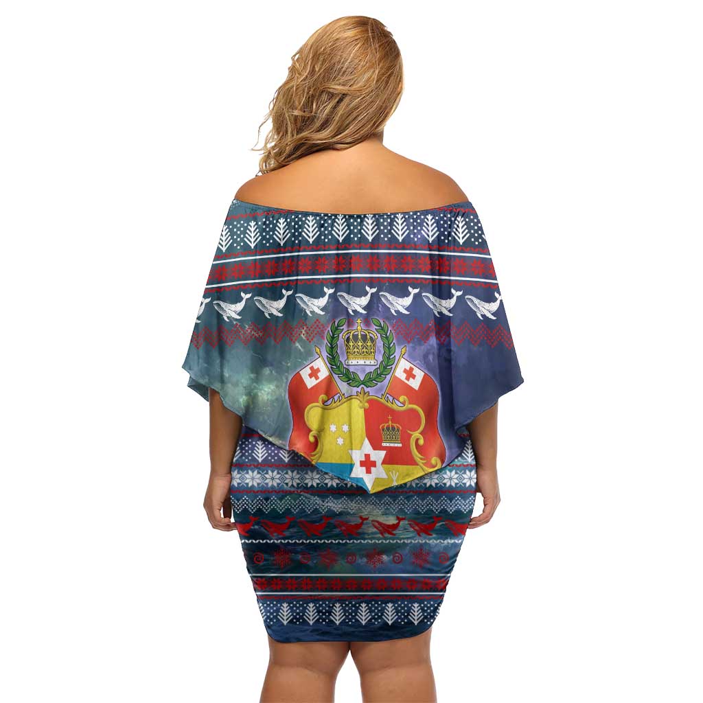 Tonga Christmas Off Shoulder Short Dress with Singing Whale Ocean Scene National Coat of Arms - Polynesian Pride