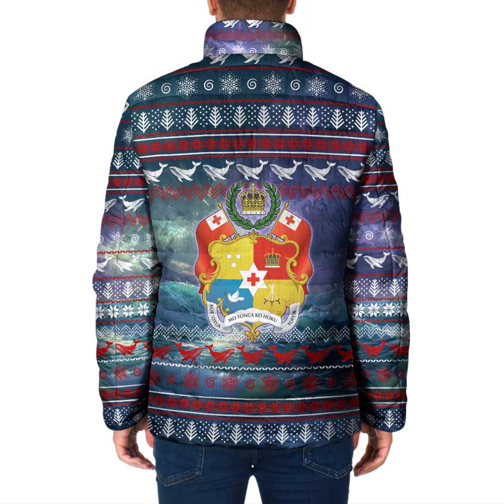 Tonga Christmas Padded Jacket with Singing Whale Ocean Scene National Coat of Arms - Polynesian Pride