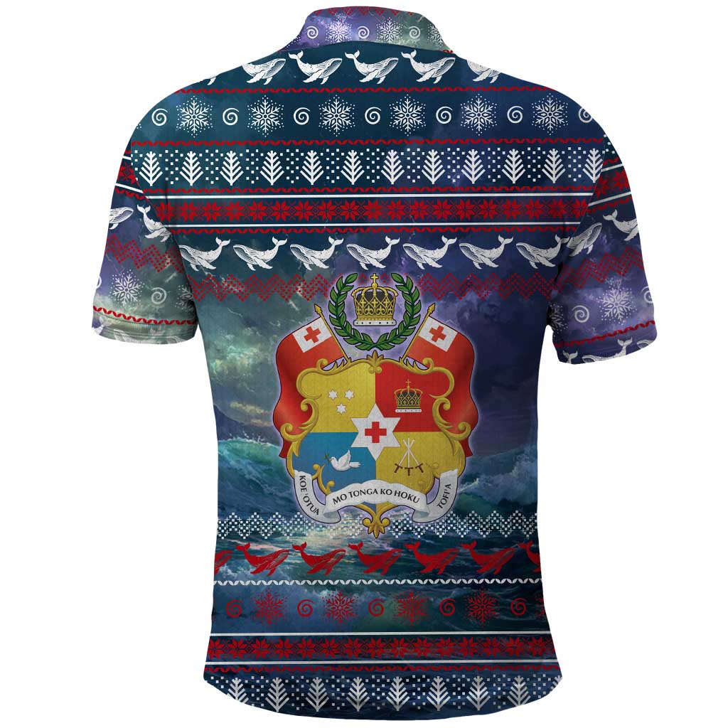 Tonga Christmas Polo Shirt with Singing Whale Ocean Scene National Coat of Arms - Polynesian Pride