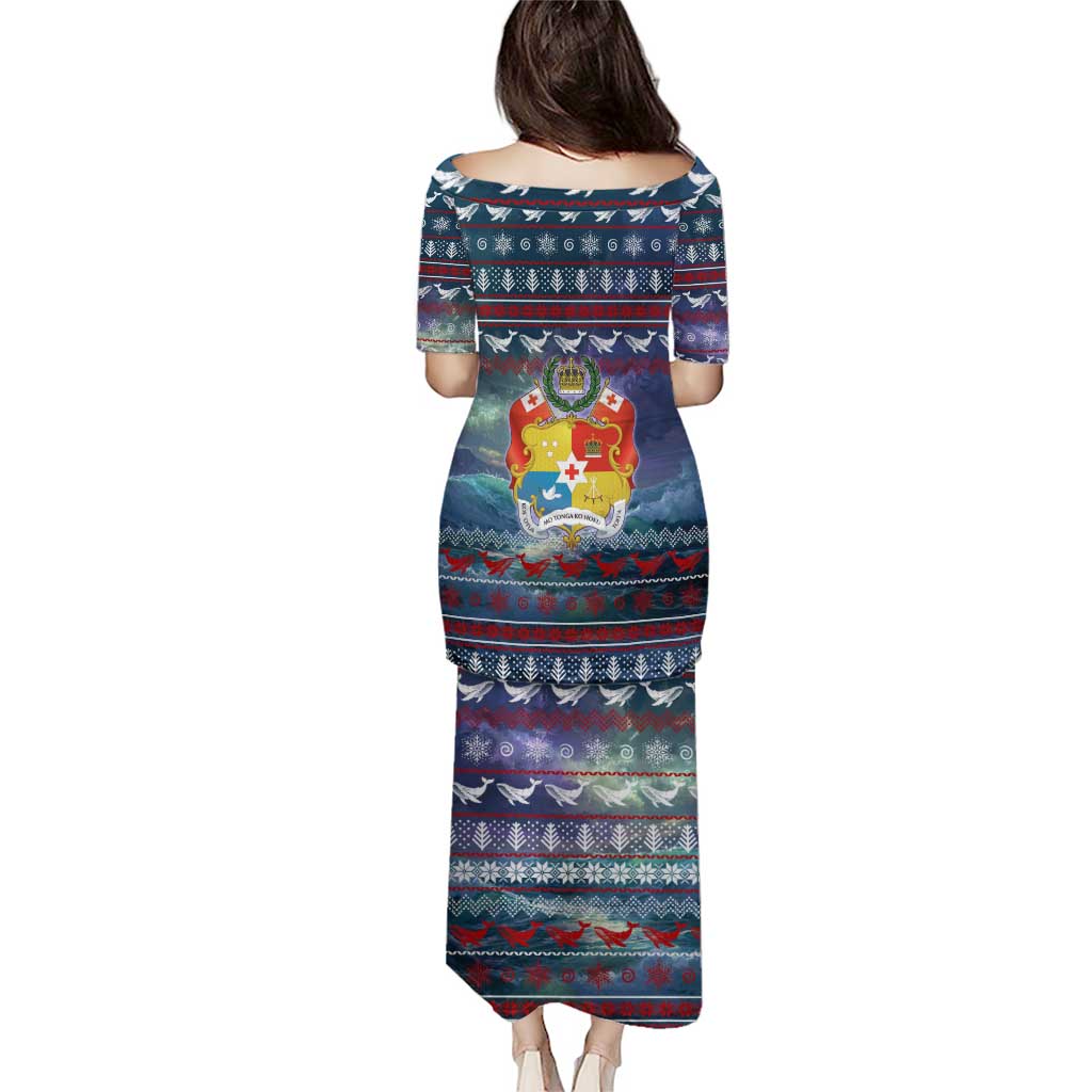 Tonga Christmas Puletasi with Singing Whale Ocean Scene National Coat of Arms - Polynesian Pride