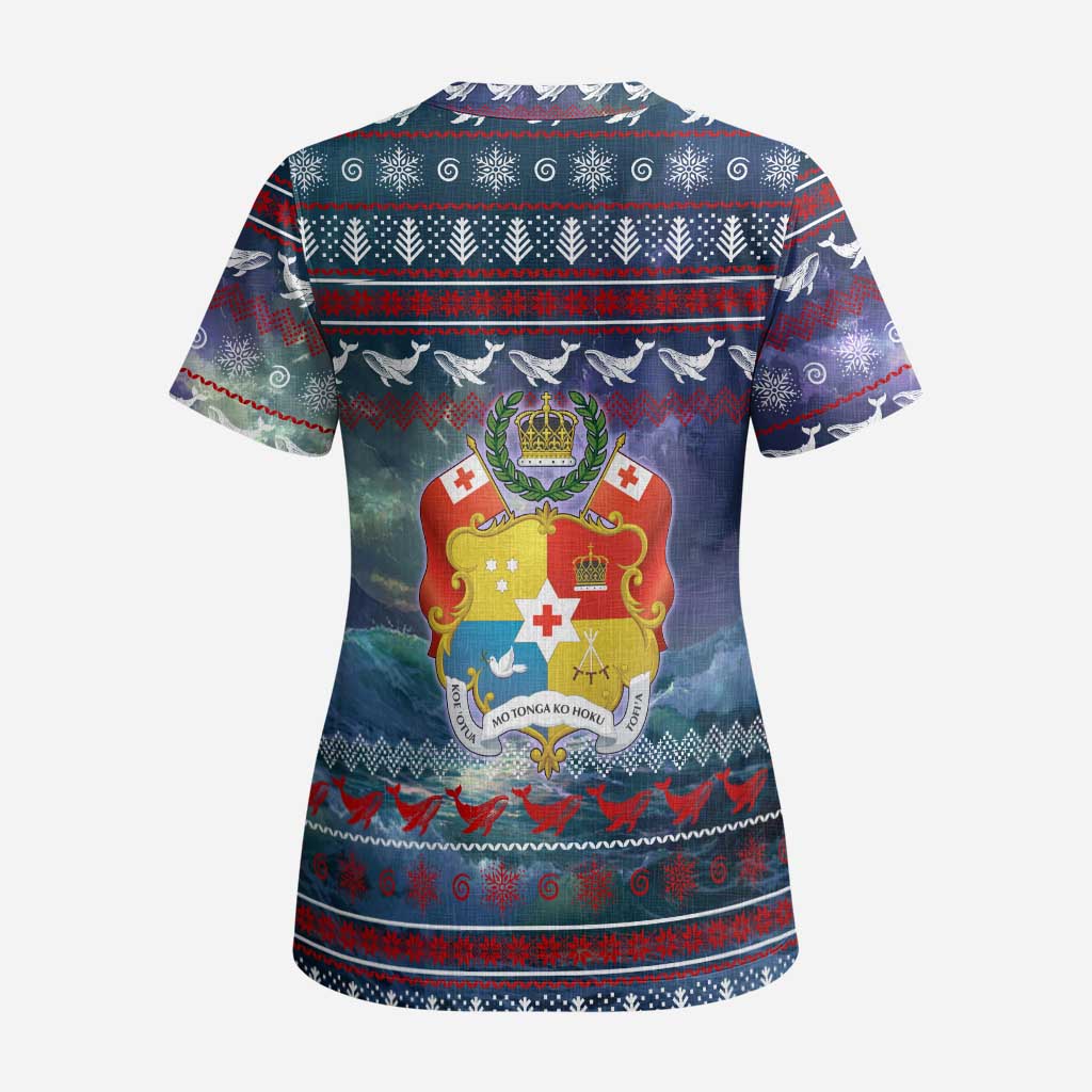 Tonga Christmas Scrub Top with Singing Whale Ocean Scene National Coat of Arms - Polynesian Pride