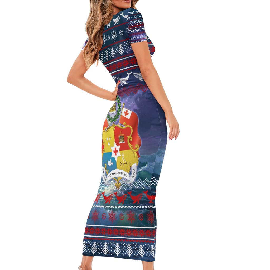 Tonga Christmas Short Sleeve Bodycon Dress with Singing Whale Ocean Scene National Coat of Arms - Polynesian Pride