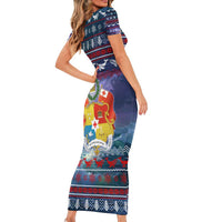 Tonga Christmas Short Sleeve Bodycon Dress with Singing Whale Ocean Scene National Coat of Arms - Polynesian Pride