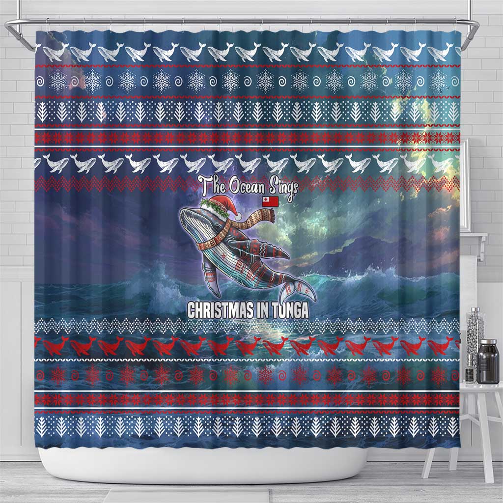 Tonga Christmas Shower Curtain with Singing Whale Ocean Scene National Coat of Arms - Polynesian Pride