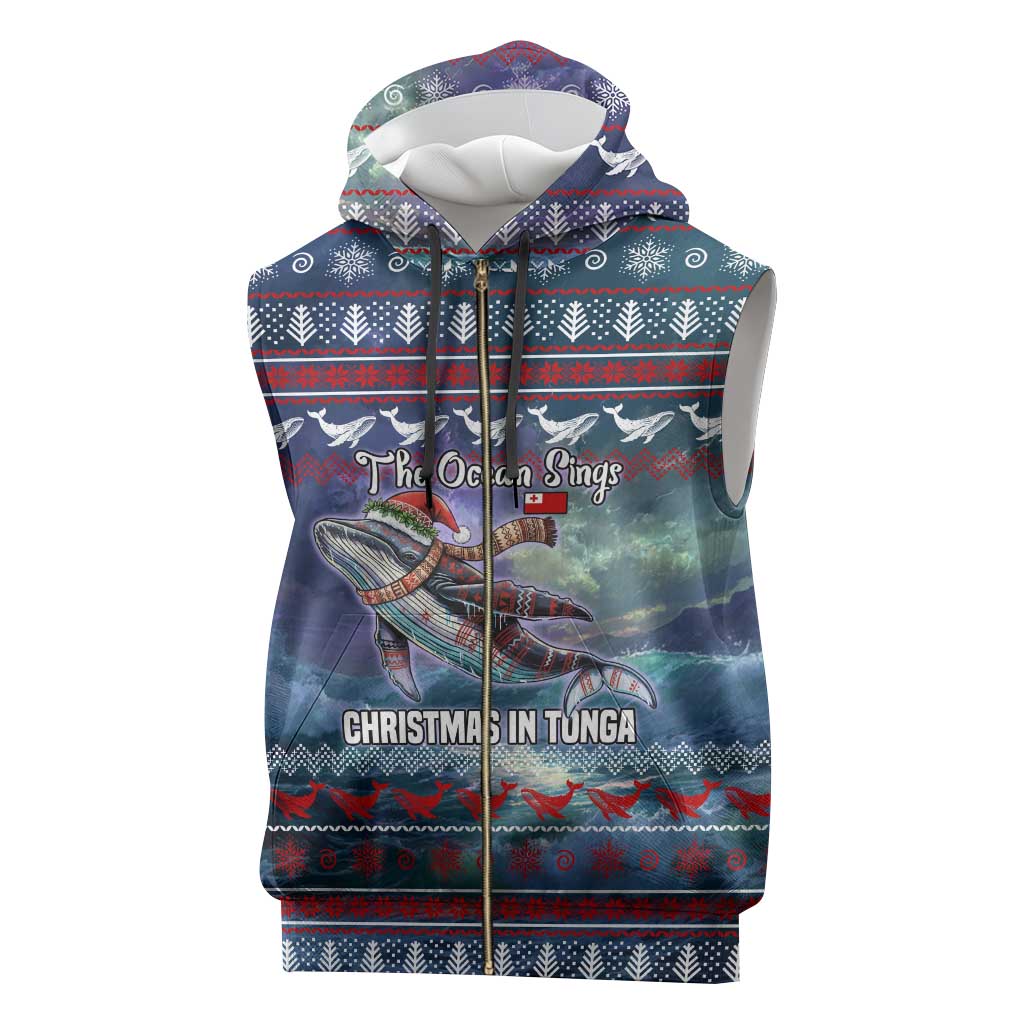 Tonga Christmas Sleeveless Zip Hoodie with Singing Whale Ocean Scene National Coat of Arms - Polynesian Pride