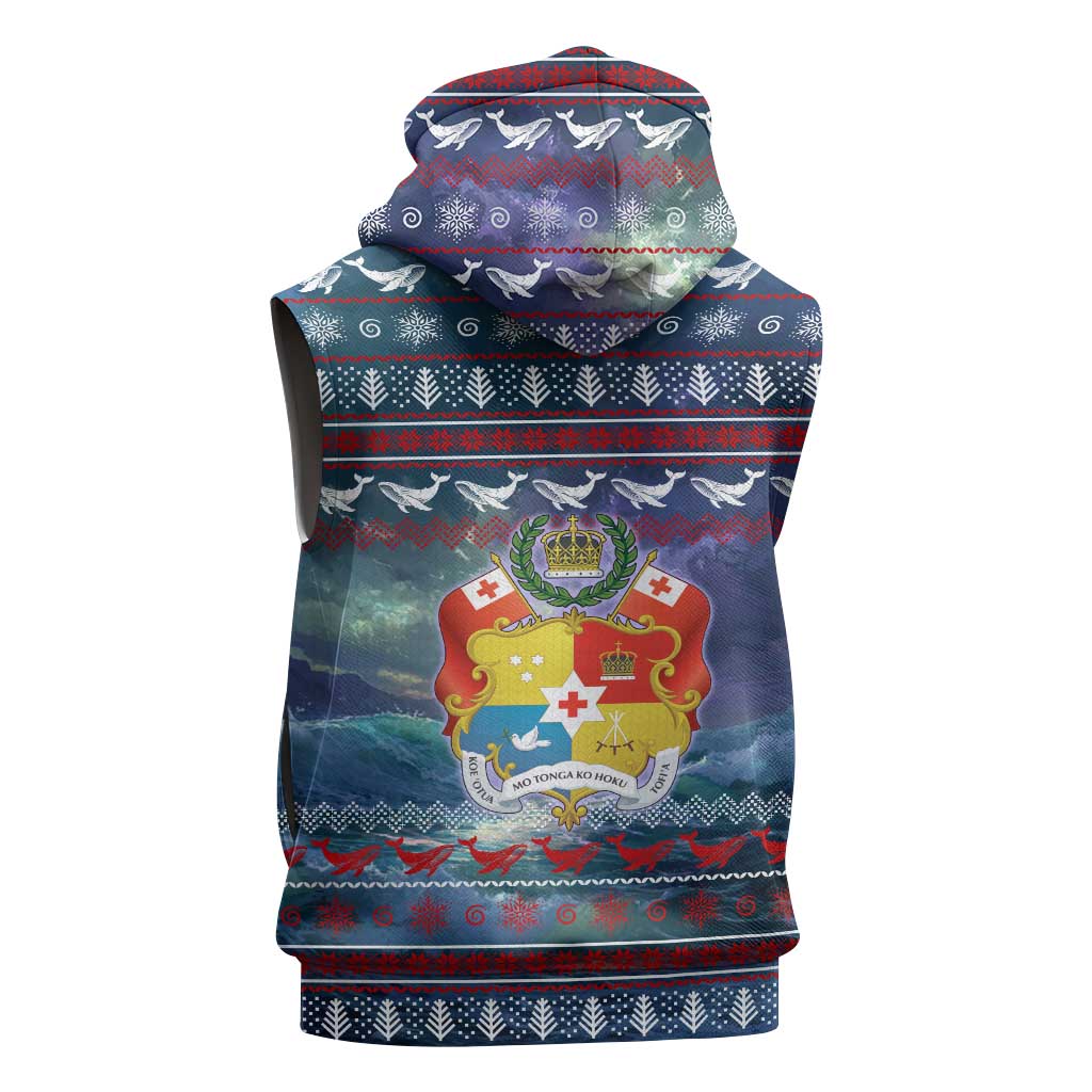 Tonga Christmas Sleeveless Zip Hoodie with Singing Whale Ocean Scene National Coat of Arms - Polynesian Pride