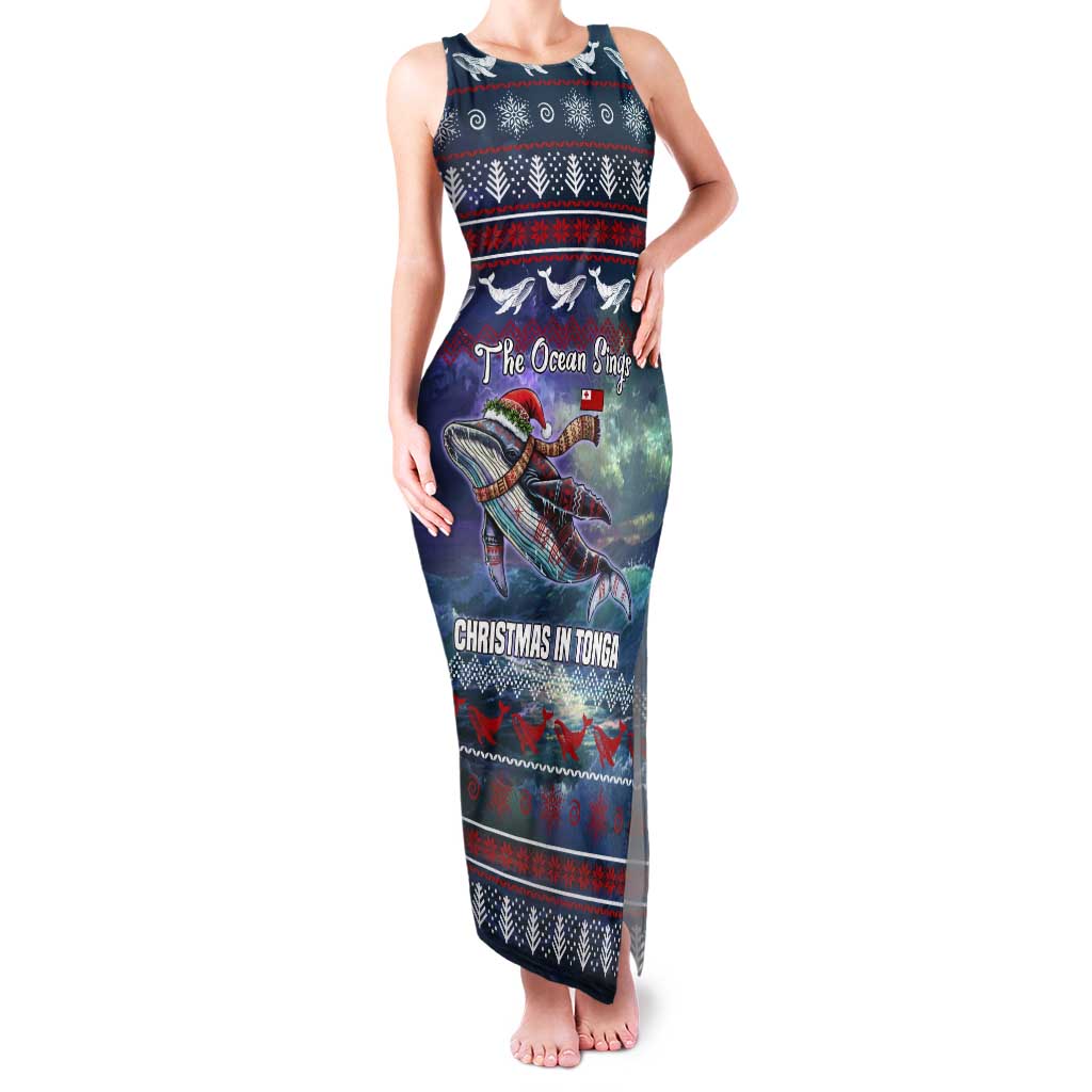 Tonga Christmas Tank Maxi Dress with Singing Whale Ocean Scene National Coat of Arms - Polynesian Pride