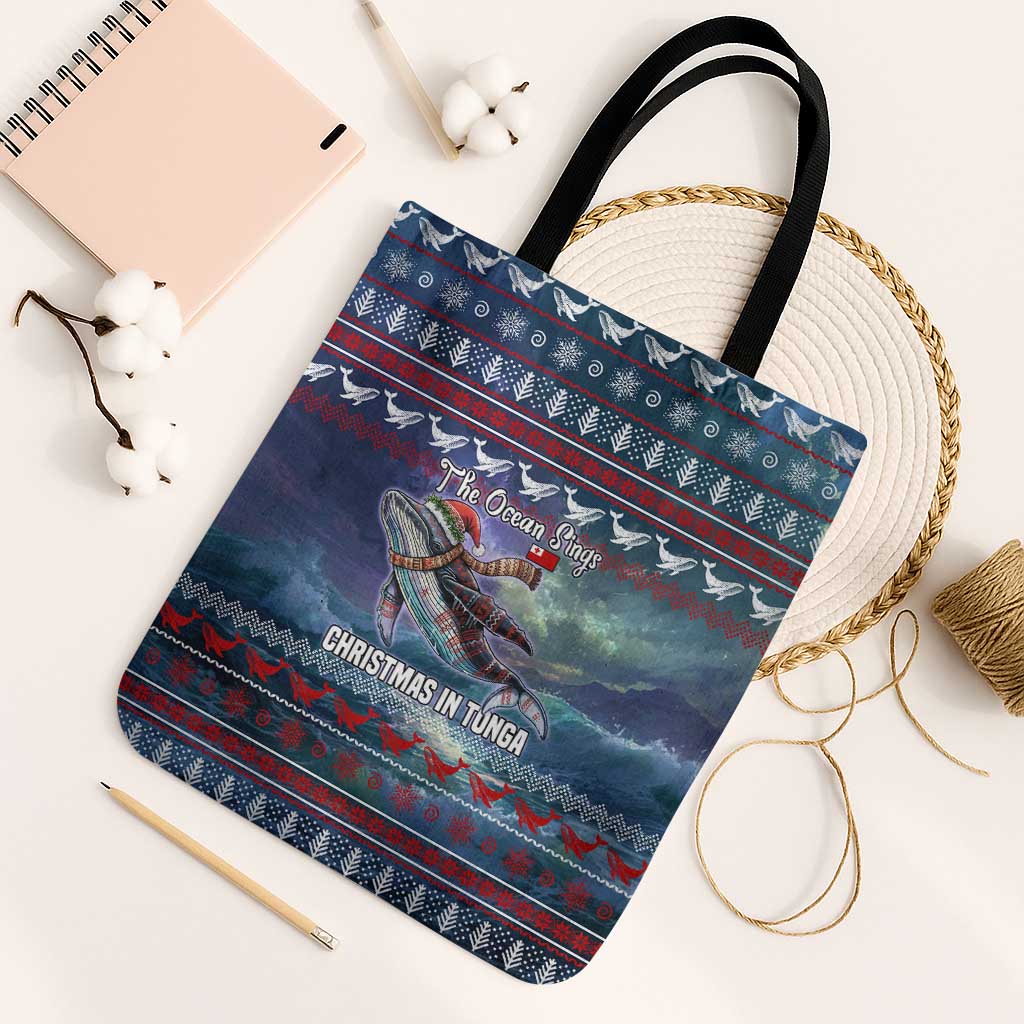 Tonga Christmas Tote Bag with Singing Whale Ocean Scene National Coat of Arms - Polynesian Pride
