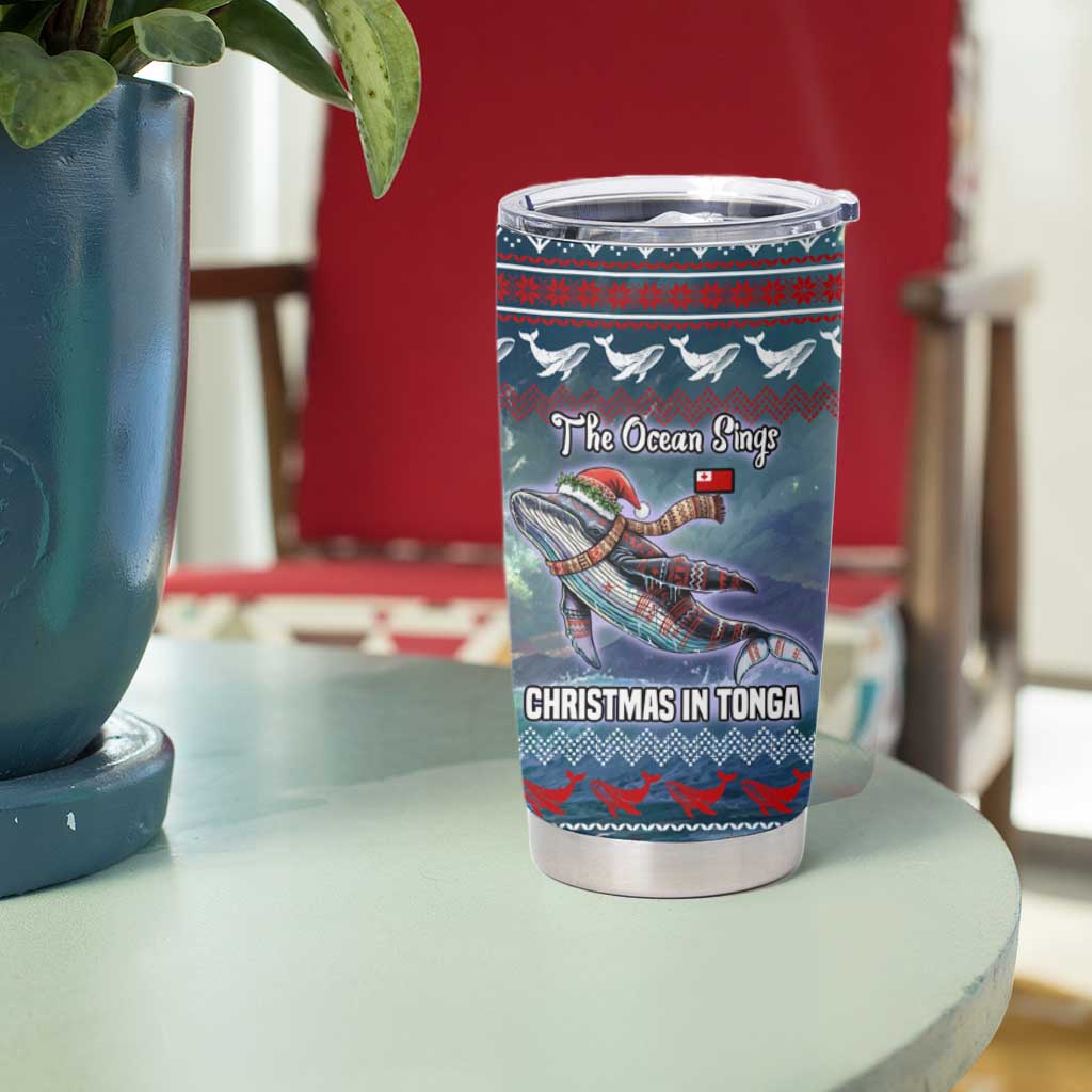 Tonga Christmas Tumbler Cup with Singing Whale Ocean Scene National Coat of Arms - Polynesian Pride