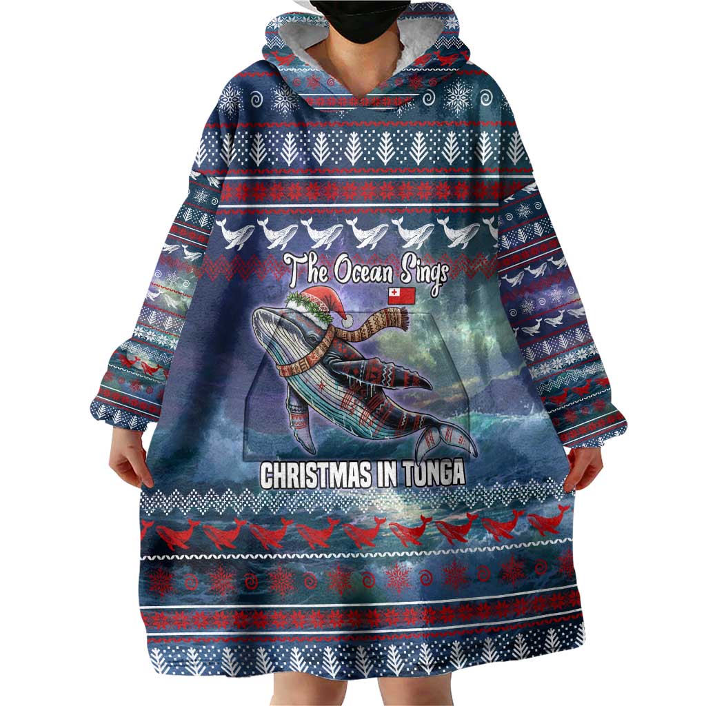 Tonga Christmas Wearable Blanket Hoodie with Singing Whale Ocean Scene National Coat of Arms - Polynesian Pride