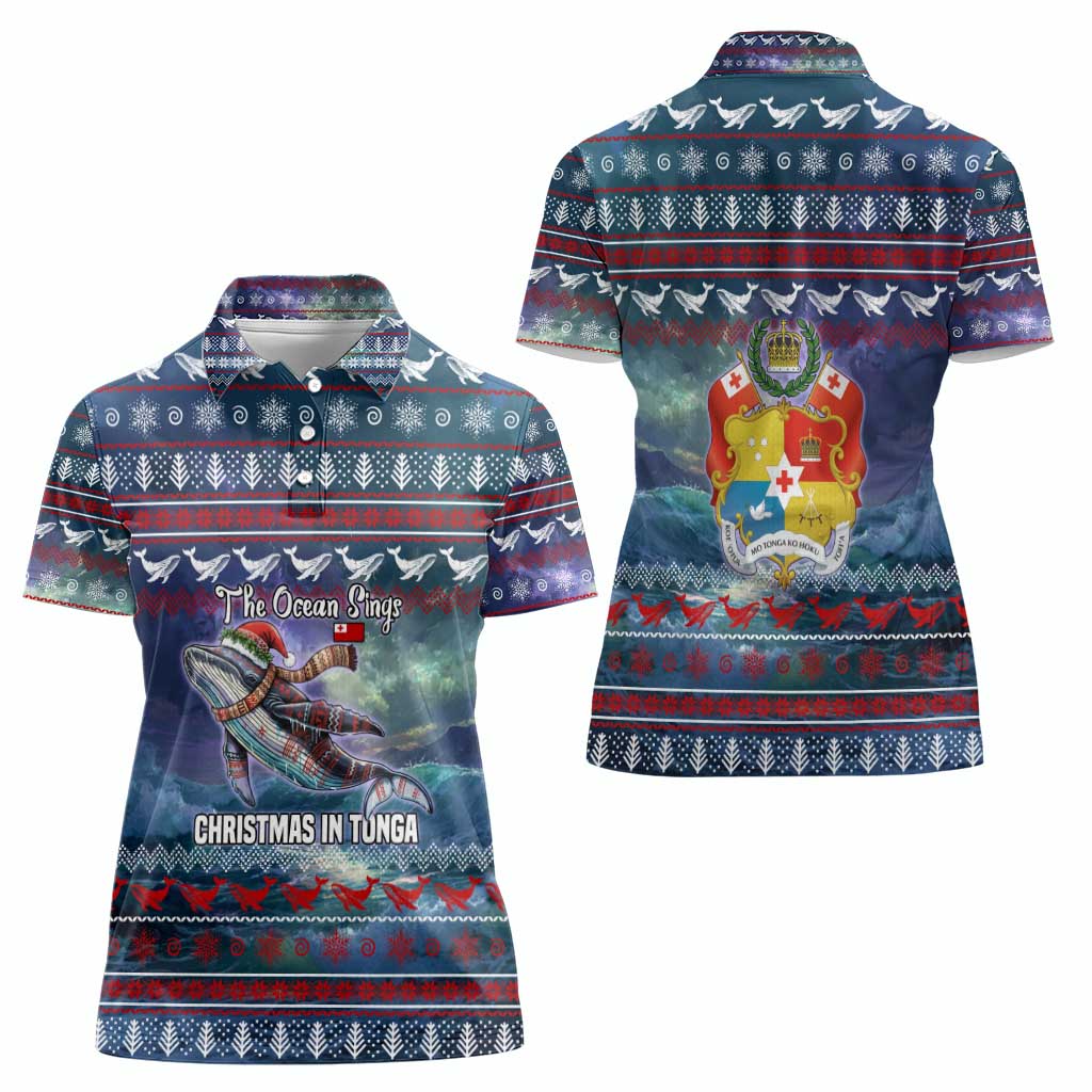 Tonga Christmas Women Polo Shirt with Singing Whale Ocean Scene National Coat of Arms - Polynesian Pride