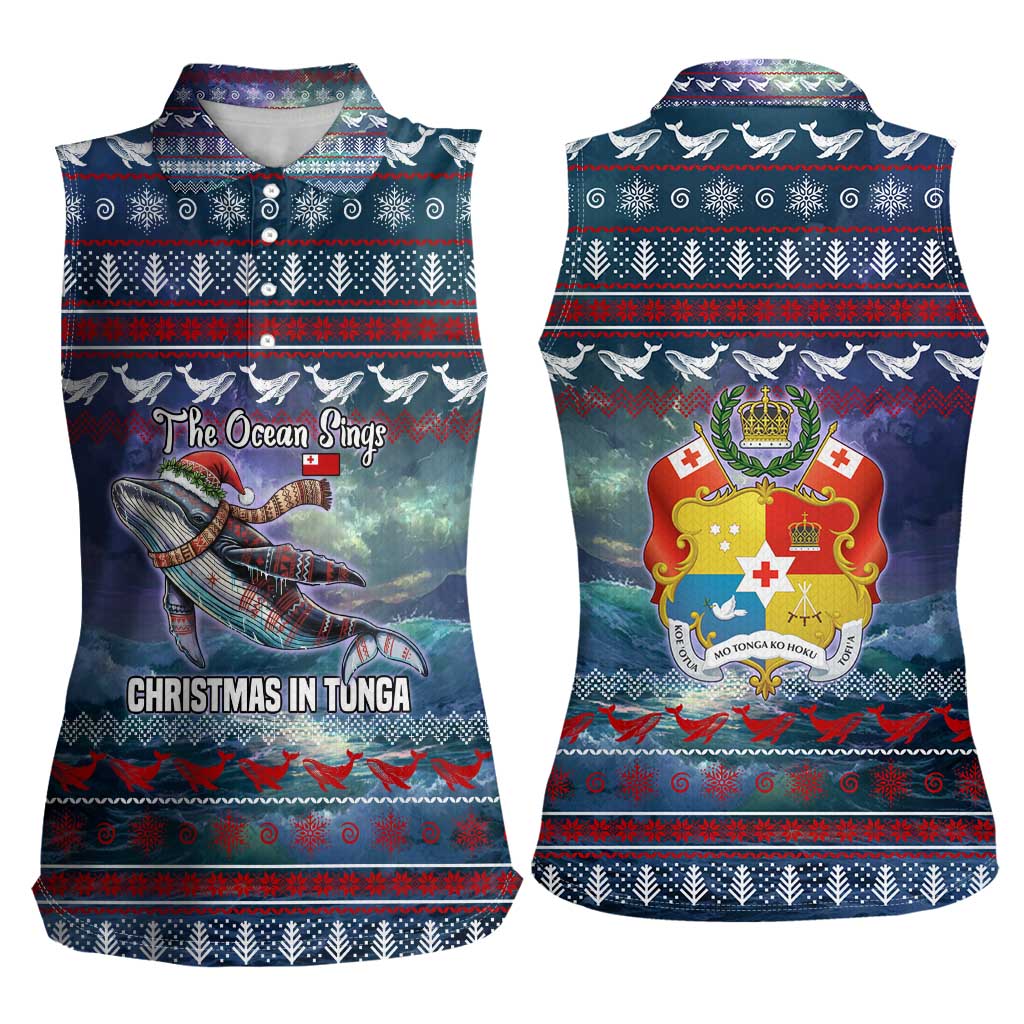 Tonga Christmas Women Sleeveless Polo Shirt with Singing Whale Ocean Scene National Coat of Arms - Polynesian Pride