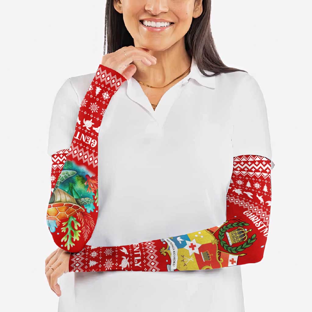 Tonga Christmas Arm Sleeves with Sea Turtle Coral Reef Design Snowflake Pattern and National Emblem - Polynesian Pride