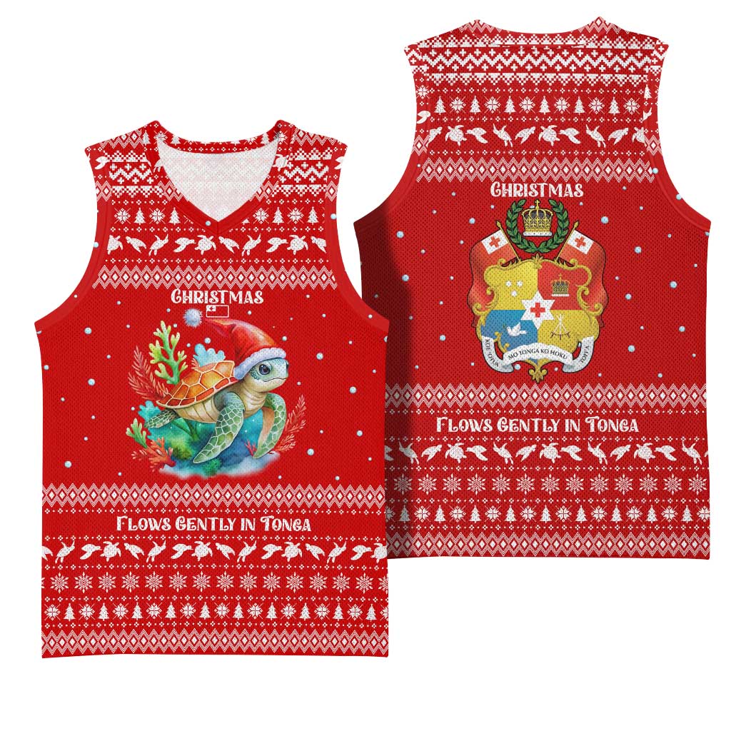 Tonga Christmas Basketball Jersey with Sea Turtle Coral Reef Design Snowflake Pattern and National Emblem - Polynesian Pride