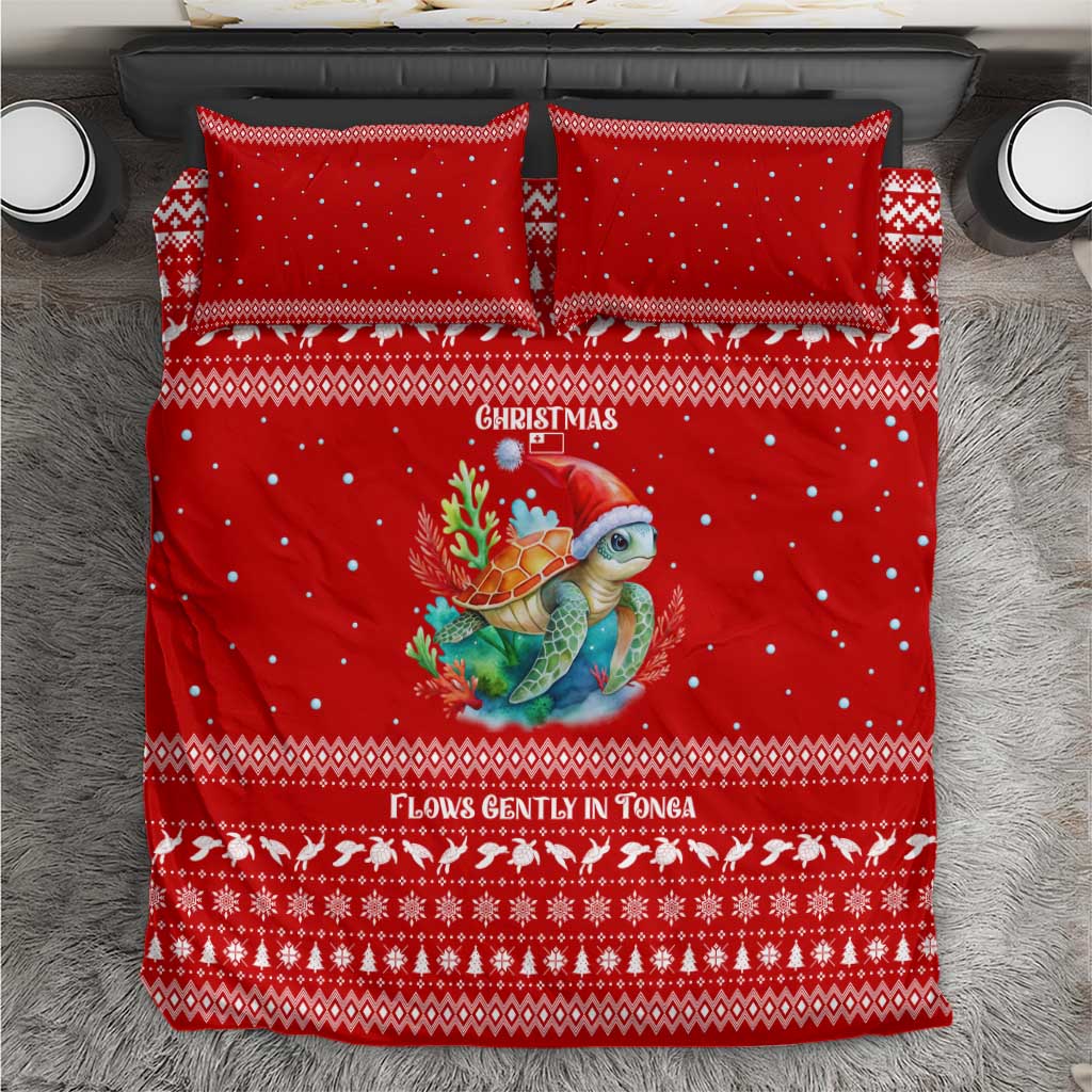 Tonga Christmas Bedding Set with Sea Turtle Coral Reef Design Snowflake Pattern and National Emblem - Polynesian Pride