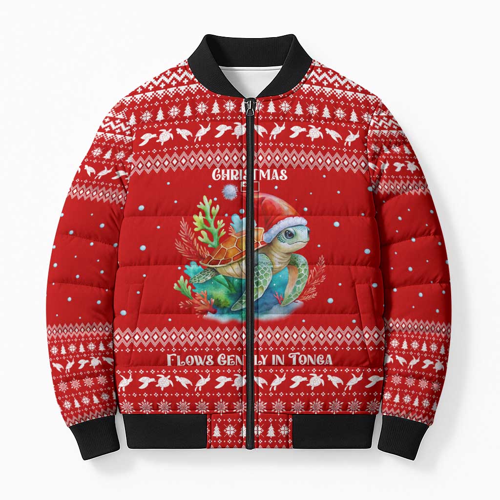 Tonga Christmas Bomber Puffer Jacket with Sea Turtle Coral Reef Design Snowflake Pattern and National Emblem - Polynesian Pride