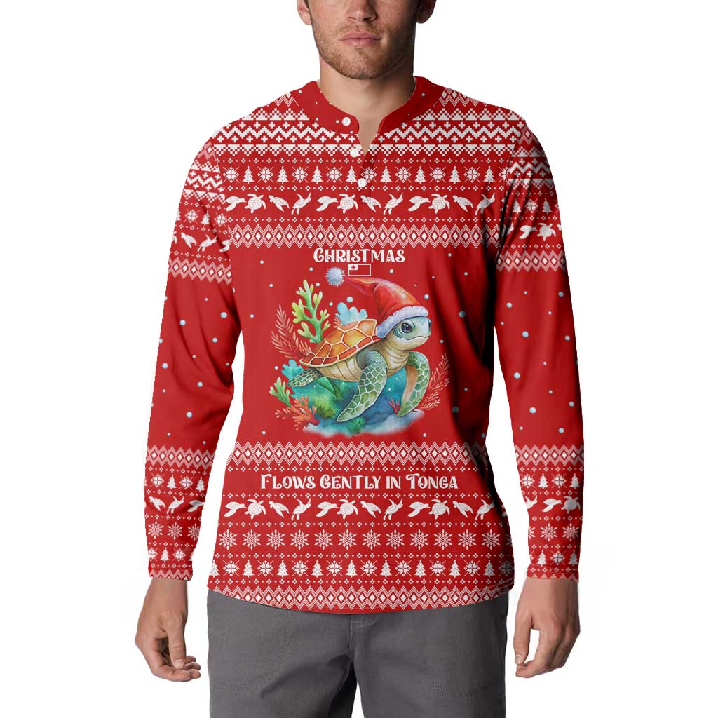 Tonga Christmas Button Sweatshirt with Sea Turtle Coral Reef Design Snowflake Pattern and National Emblem - Polynesian Pride
