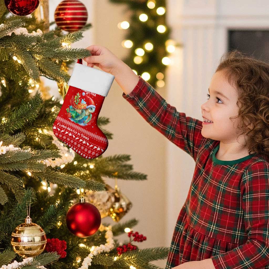 Tonga Christmas Stocking with Sea Turtle Coral Reef Design Snowflake Pattern and National Emblem - Polynesian Pride