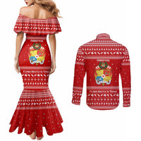 Tonga Christmas Couples Matching Mermaid Dress and Long Sleeve Button Shirt with Sea Turtle Coral Reef Design Snowflake Pattern and National Emblem - Polynesian Pride