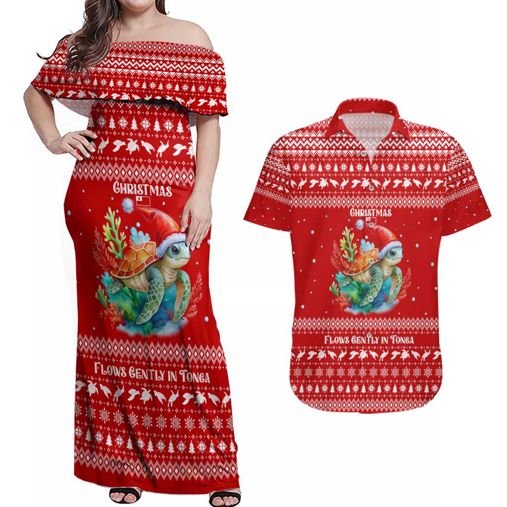 Tonga Christmas Couples Matching Off Shoulder Maxi Dress and Hawaiian Shirt with Sea Turtle Coral Reef Design Snowflake Pattern and National Emblem - Polynesian Pride