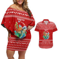 Tonga Christmas Couples Matching Off Shoulder Short Dress and Hawaiian Shirt with Sea Turtle Coral Reef Design Snowflake Pattern and National Emblem - Polynesian Pride