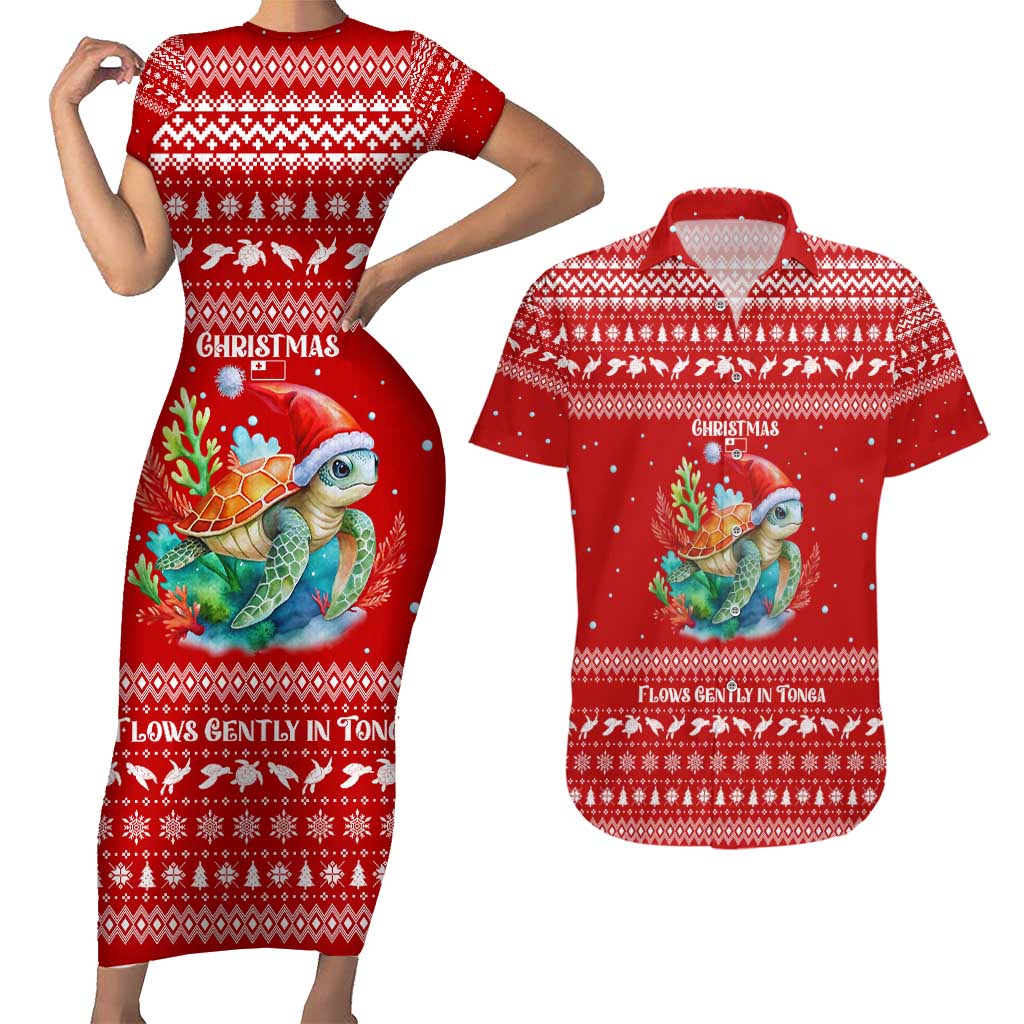 Tonga Christmas Couples Matching Short Sleeve Bodycon Dress and Hawaiian Shirt with Sea Turtle Coral Reef Design Snowflake Pattern and National Emblem - Polynesian Pride