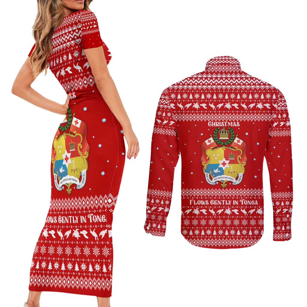 Tonga Christmas Couples Matching Short Sleeve Bodycon Dress and Long Sleeve Button Shirt with Sea Turtle Coral Reef Design Snowflake Pattern and National Emblem - Polynesian Pride
