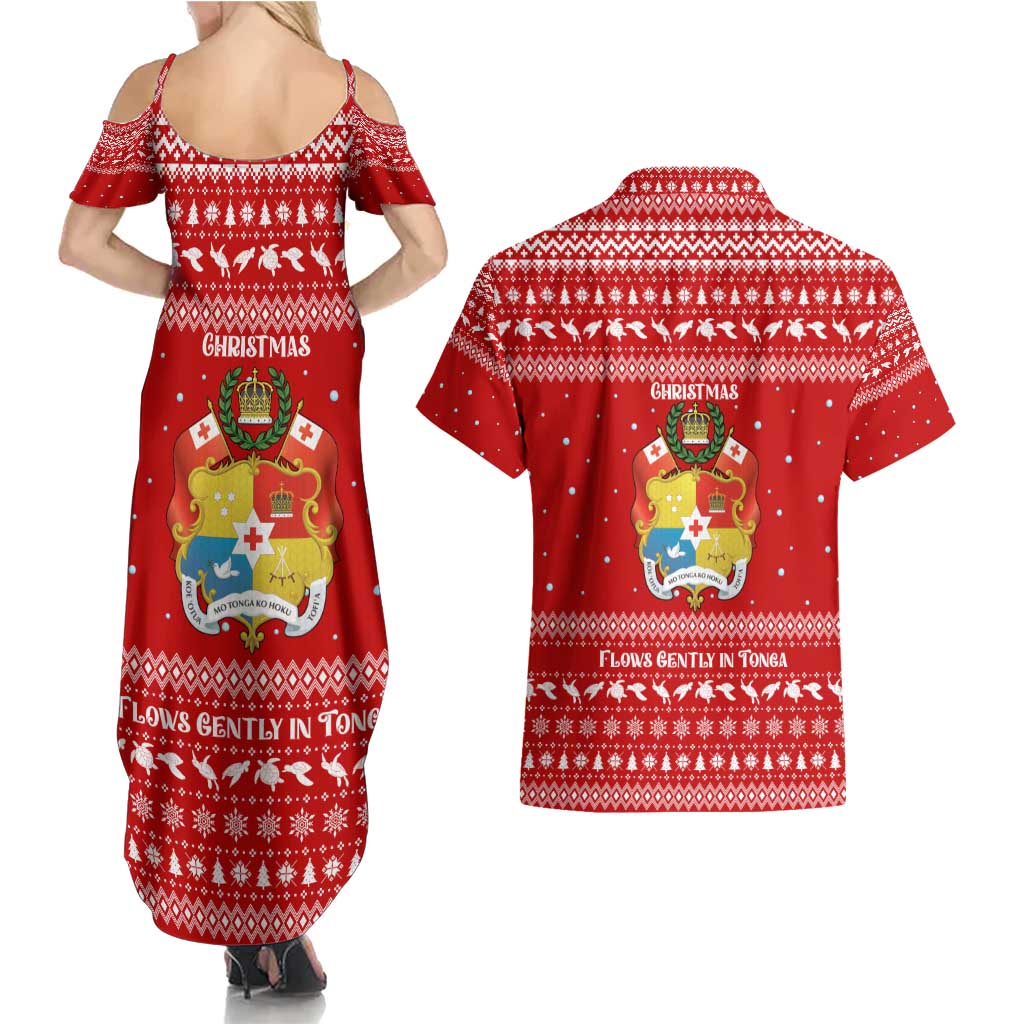 Tonga Christmas Couples Matching Summer Maxi Dress and Hawaiian Shirt with Sea Turtle Coral Reef Design Snowflake Pattern and National Emblem - Polynesian Pride
