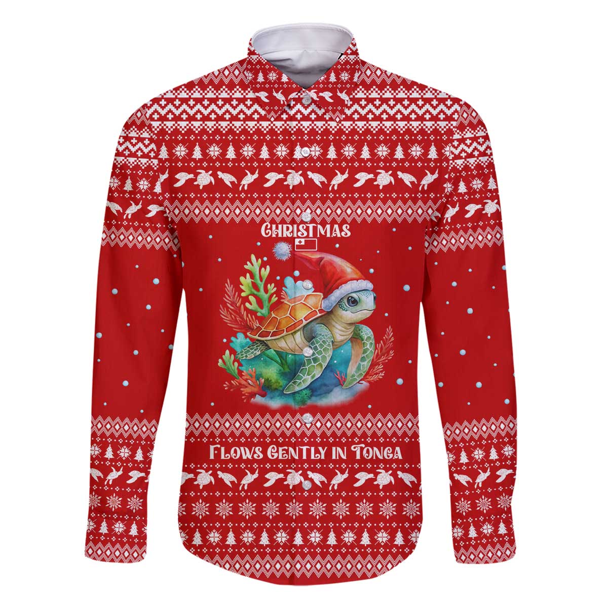 Tonga Christmas Family Matching Off The Shoulder Long Sleeve Dress and Hawaiian Shirt with Sea Turtle Coral Reef Design Snowflake Pattern and National Emblem - Polynesian Pride