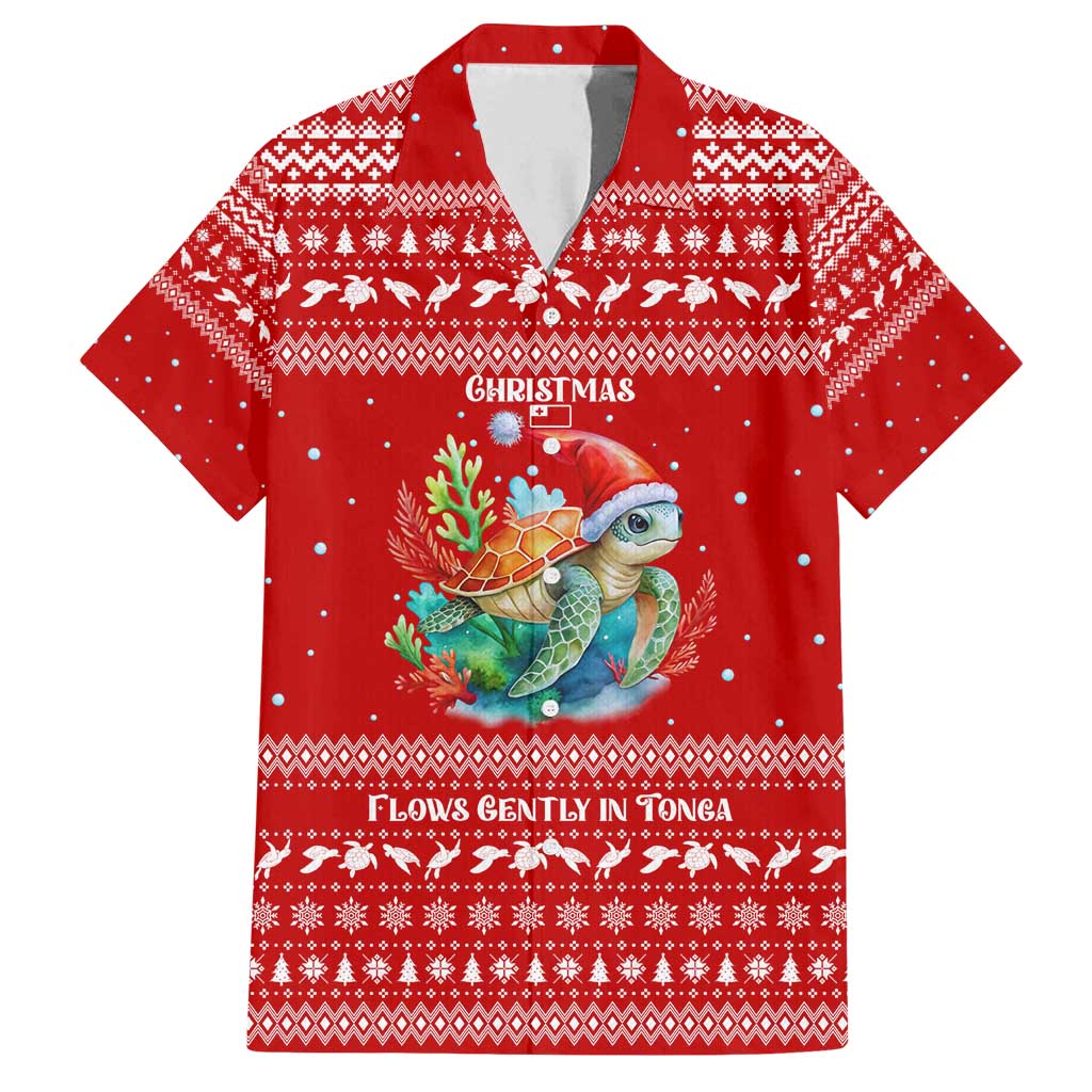 Tonga Christmas Family Matching Off Shoulder Short Dress and Hawaiian Shirt with Sea Turtle Coral Reef Design Snowflake Pattern and National Emblem - Polynesian Pride
