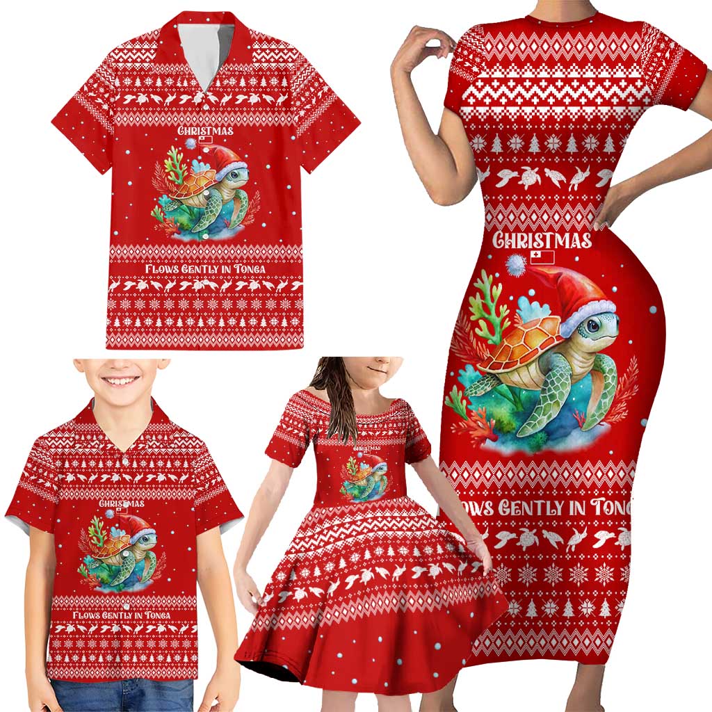 Tonga Christmas Family Matching Short Sleeve Bodycon Dress and Hawaiian Shirt with Sea Turtle Coral Reef Design Snowflake Pattern and National Emblem - Polynesian Pride