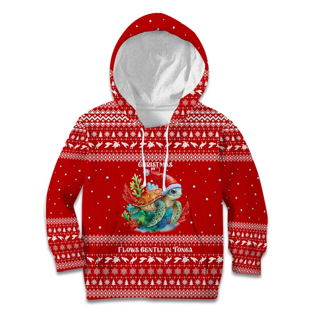 Tonga Christmas Kid Hoodie with Sea Turtle Coral Reef Design Snowflake Pattern and National Emblem - Polynesian Pride