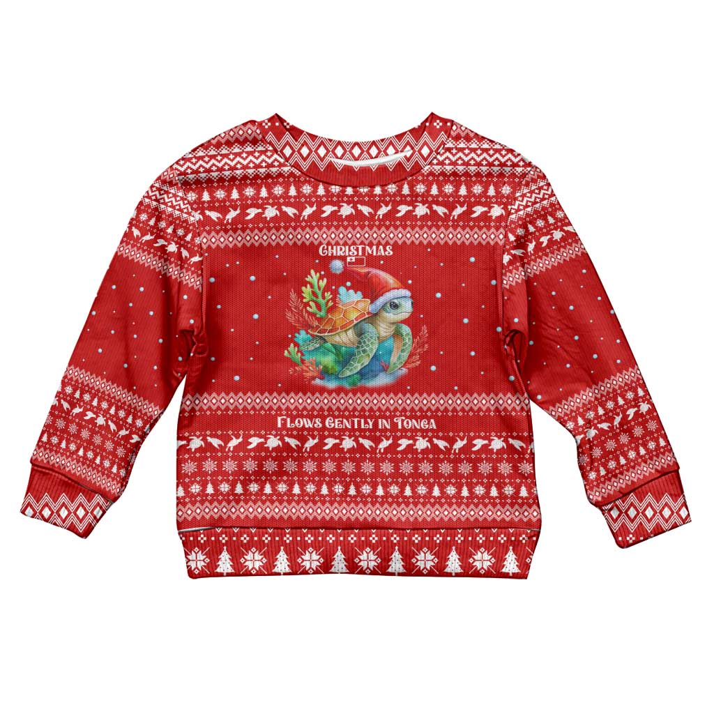 Tonga Christmas Kid Ugly Christmas Sweater with Sea Turtle Coral Reef Design Snowflake Pattern and National Emblem - Polynesian Pride