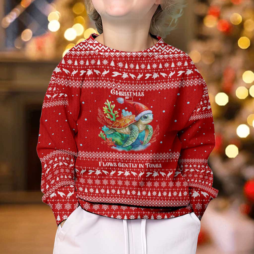 Tonga Christmas Kid Ugly Christmas Sweater with Sea Turtle Coral Reef Design Snowflake Pattern and National Emblem - Polynesian Pride