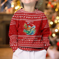 Tonga Christmas Kid Ugly Christmas Sweater with Sea Turtle Coral Reef Design Snowflake Pattern and National Emblem - Polynesian Pride