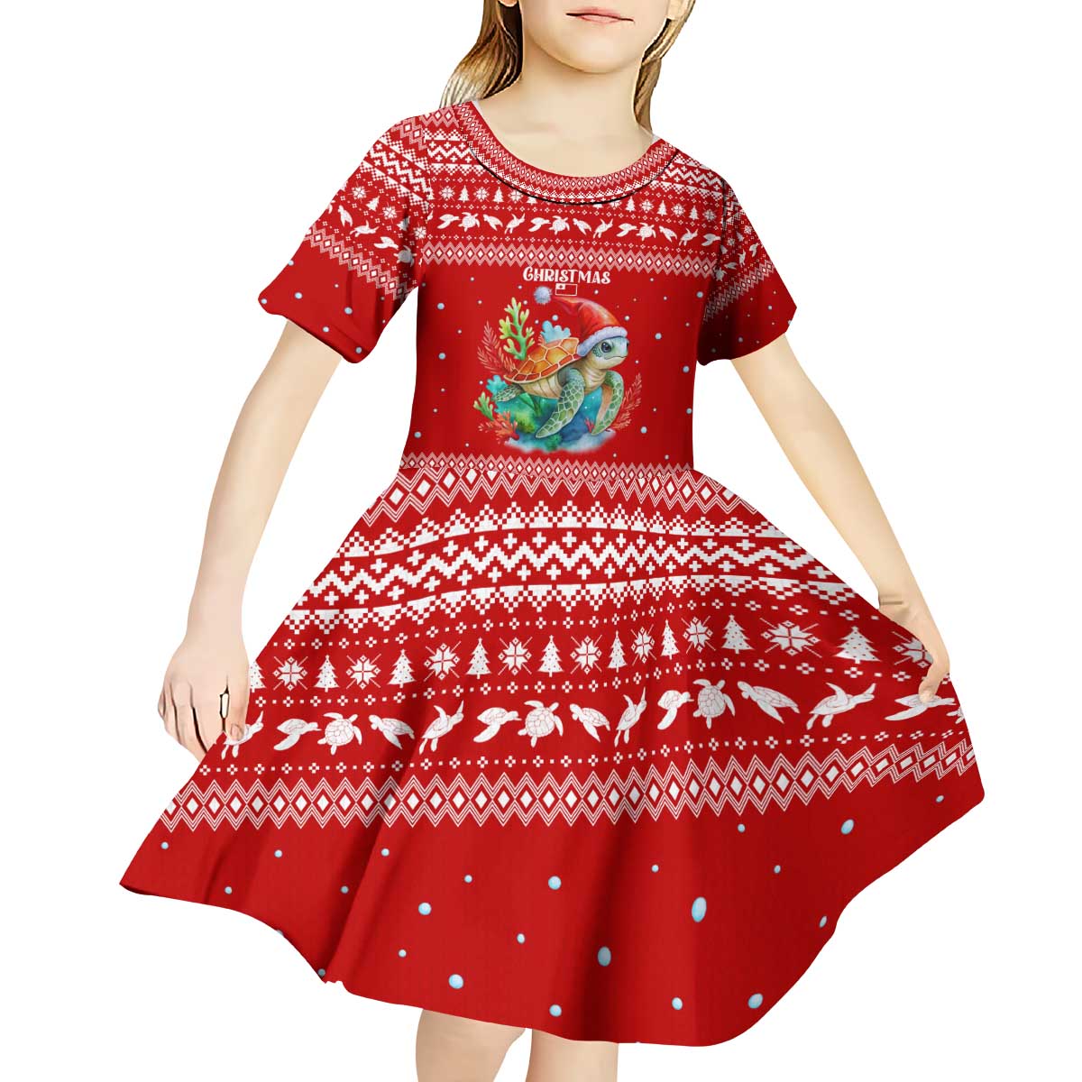 Tonga Christmas Kid Short Sleeve Dress with Sea Turtle Coral Reef Design Snowflake Pattern and National Emblem - Polynesian Pride