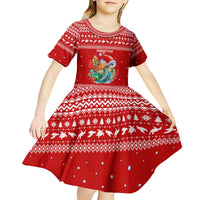 Tonga Christmas Kid Short Sleeve Dress with Sea Turtle Coral Reef Design Snowflake Pattern and National Emblem - Polynesian Pride