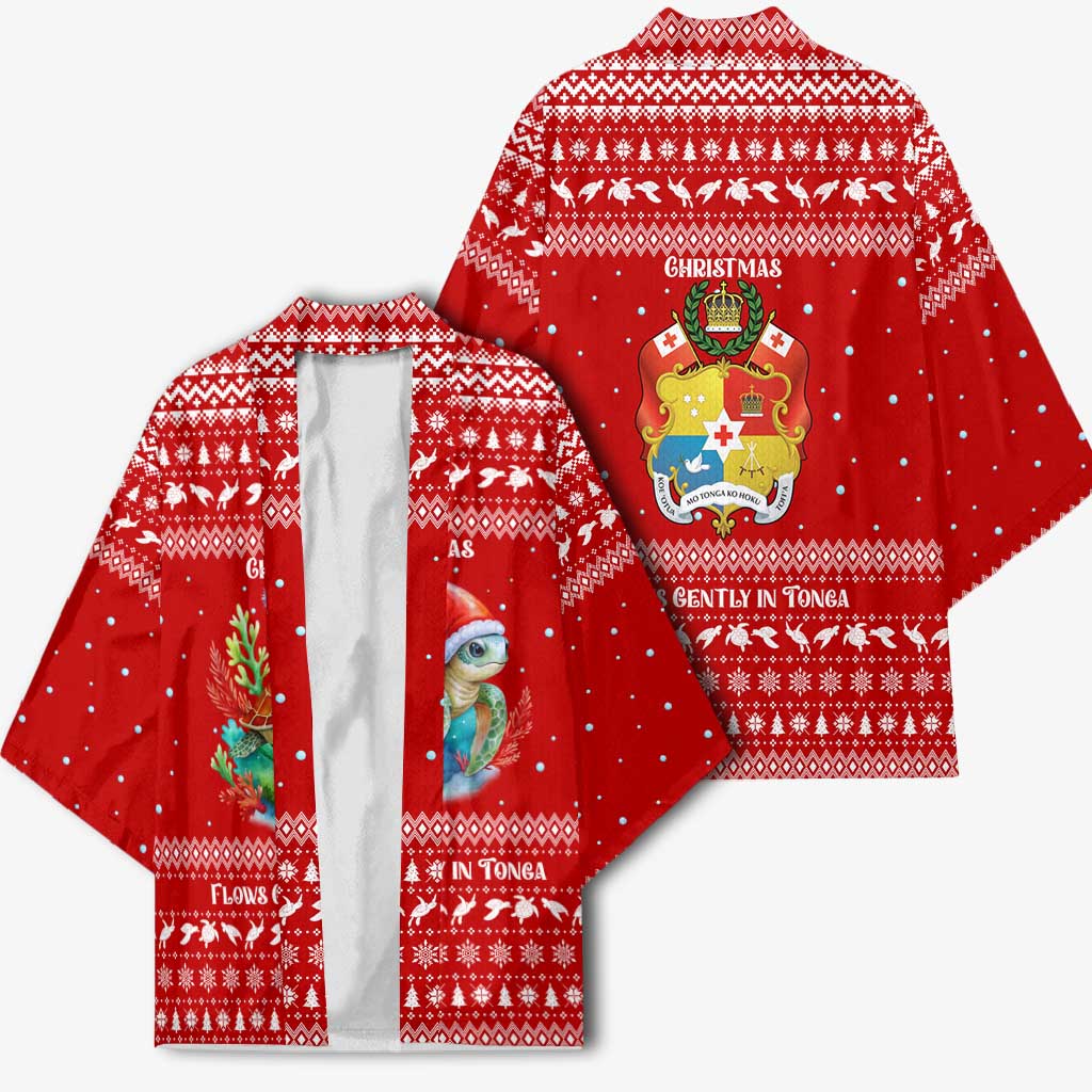 Tonga Christmas Kimono with Sea Turtle Coral Reef Design Snowflake Pattern and National Emblem - Polynesian Pride