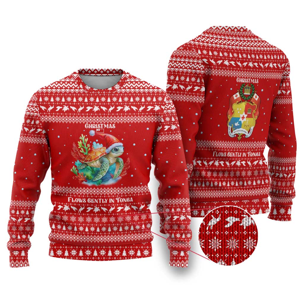 Tonga Christmas Ugly Christmas Sweater with Sea Turtle Coral Reef Design Snowflake Pattern and National Emblem - Polynesian Pride