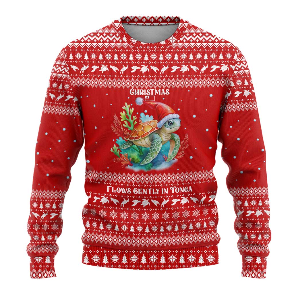 Tonga Christmas Ugly Christmas Sweater with Sea Turtle Coral Reef Design Snowflake Pattern and National Emblem - Polynesian Pride
